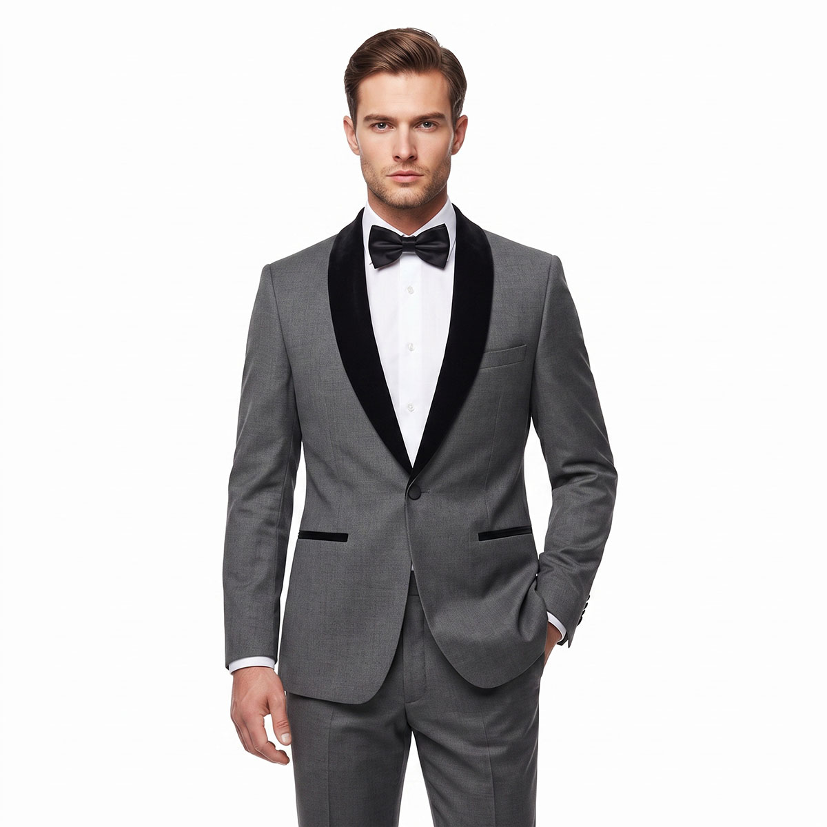 Slim Fit Grey Tuxedo With Black Lapel For Men