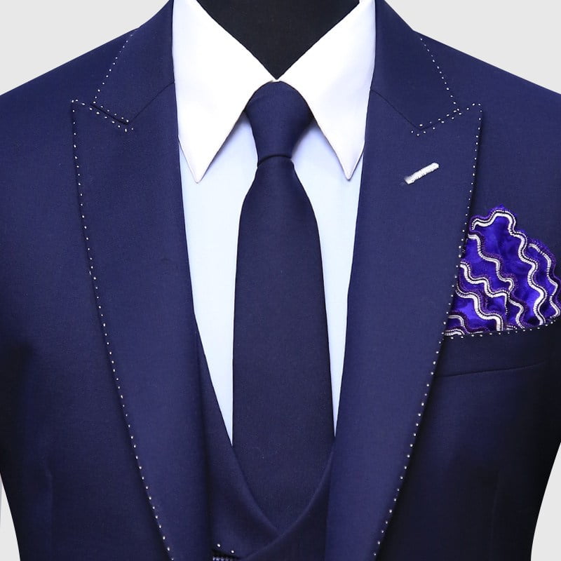 Navy Blue Pick Stitch 3 Piece Suit Front