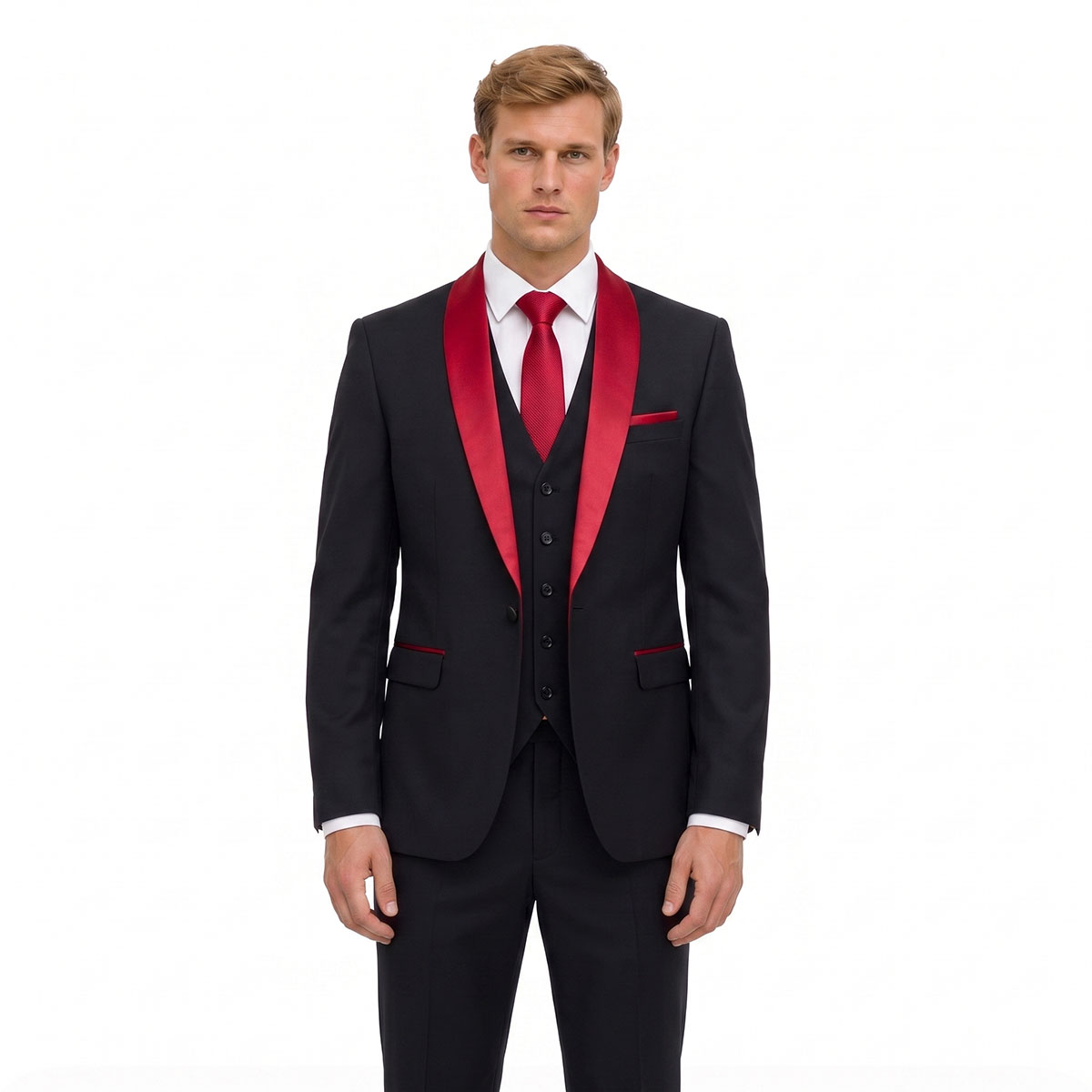 Andre Emilio Black 3 Piece Tuxedo With Red Satin Lapel