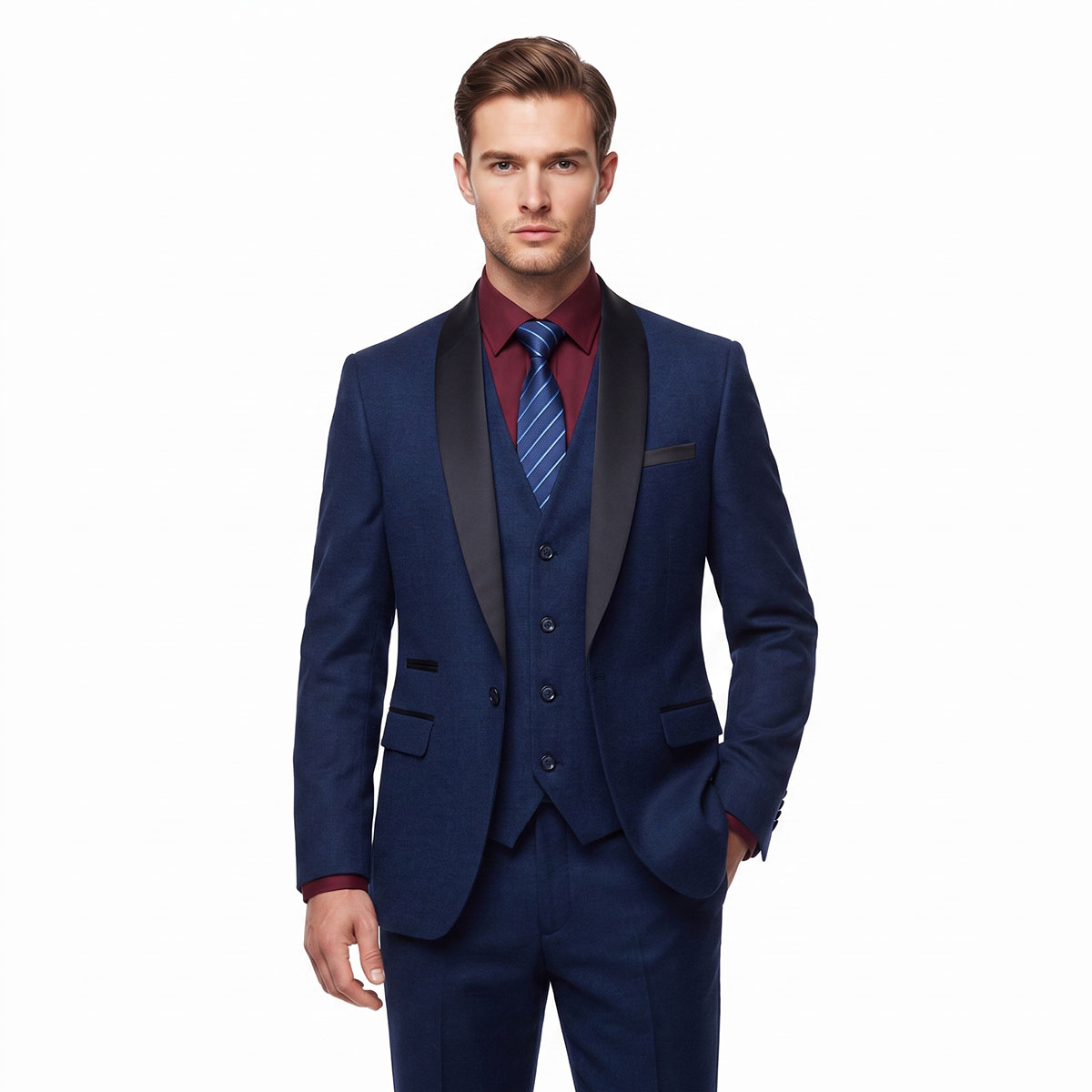 Dark Blue 3 Piece Tuxedo Suit Satin Lapel