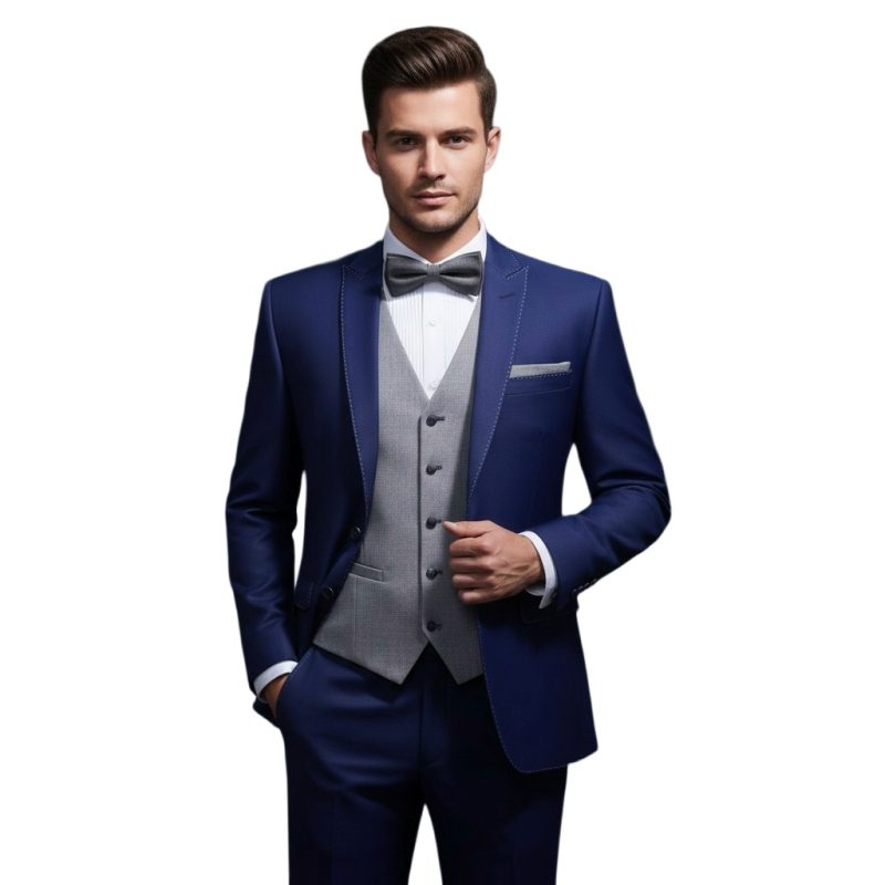 Navy Blue Suit With Grey Vest For Men