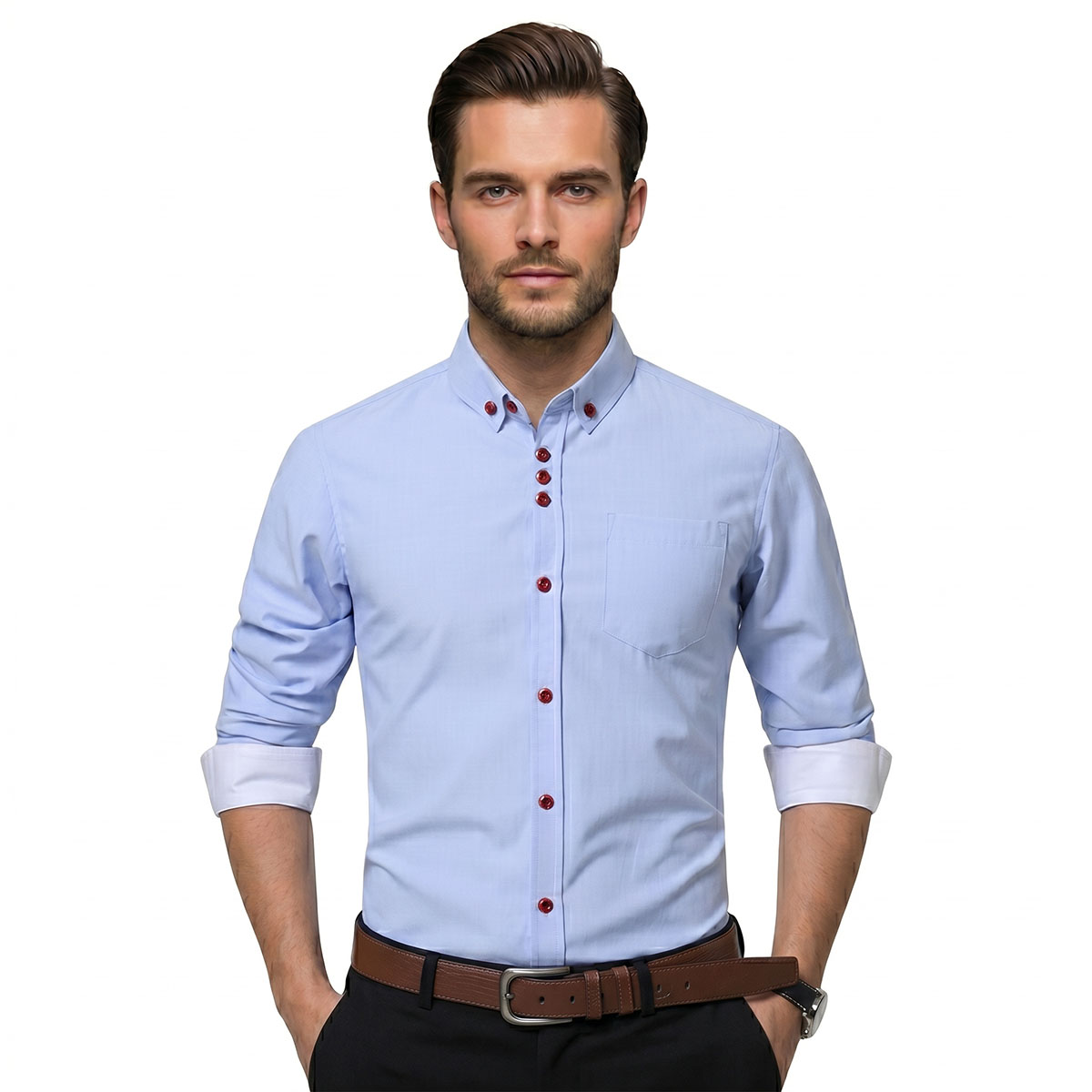 Slim Fit Sky Blue Dress Shirt With Button Down Collar