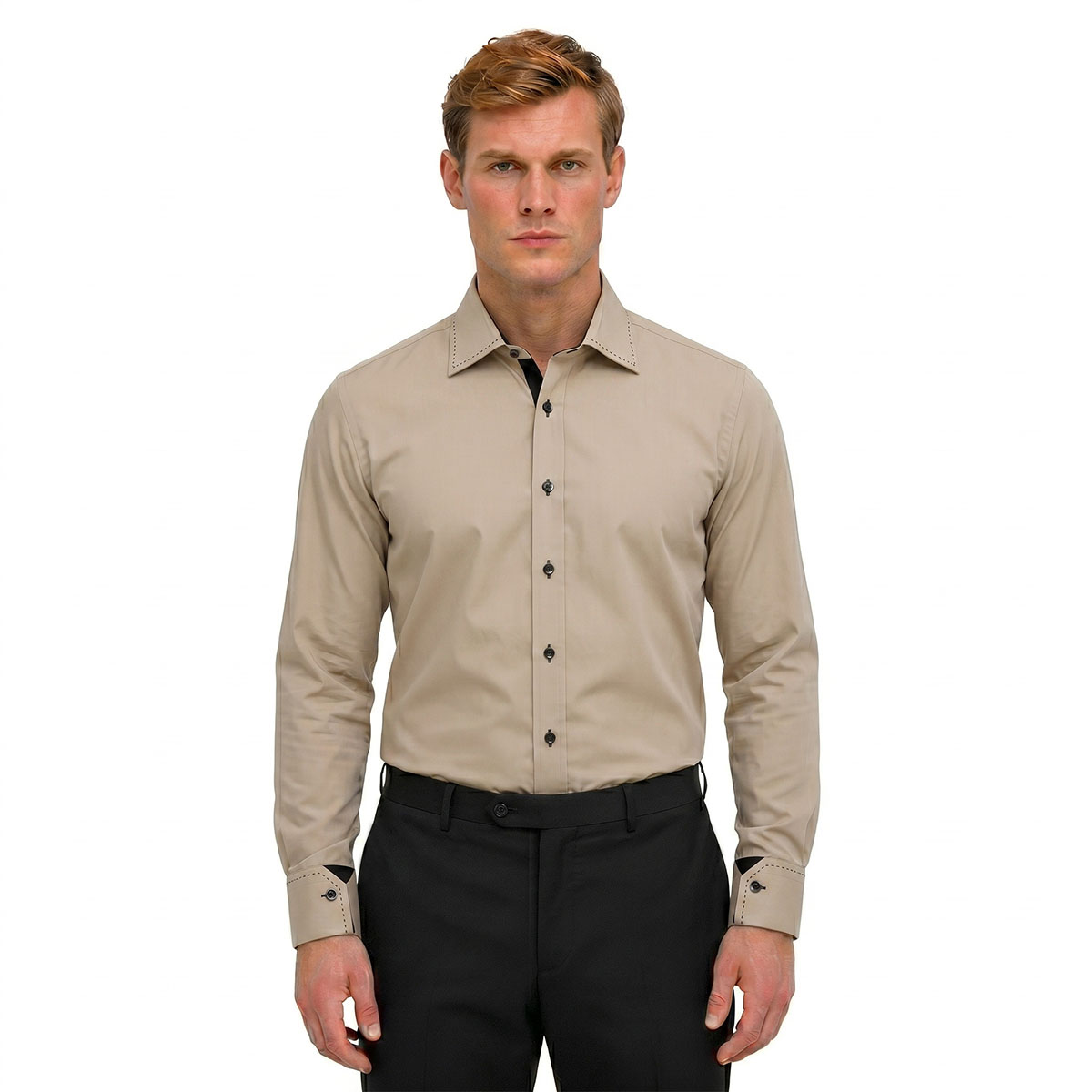 Andre Emilio Classic Slim Fit Camel Color Shirt With Pick Stitching