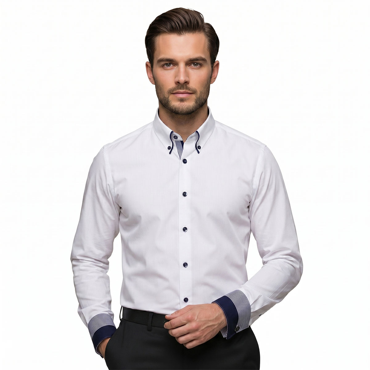 Andre Emilio White Shirt With Button Down Collar And Inside Trim