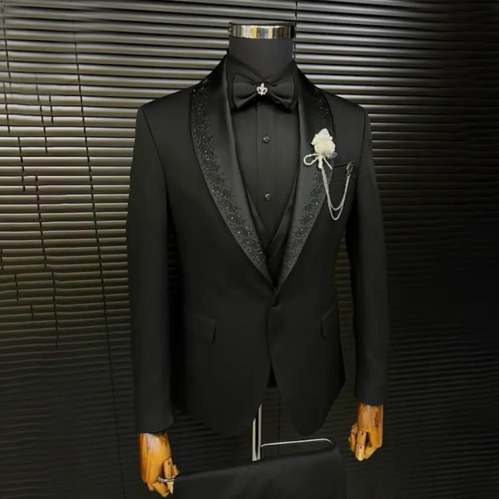 Custom Black 3 Piece Tuxedo Suit With Shawl Lapel