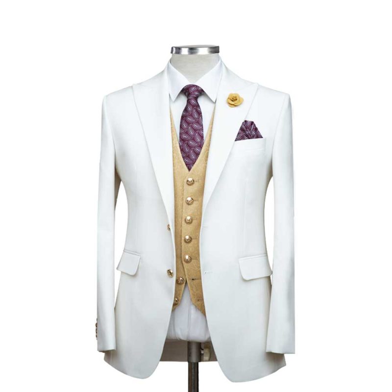 Off White Suit With Golden Texture Vest