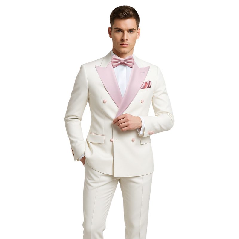 White Tuxedo With Pink Peak Lapel For Men