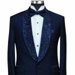 Custom Blue Embroidered Shawl Lapel Tuxedo For Men