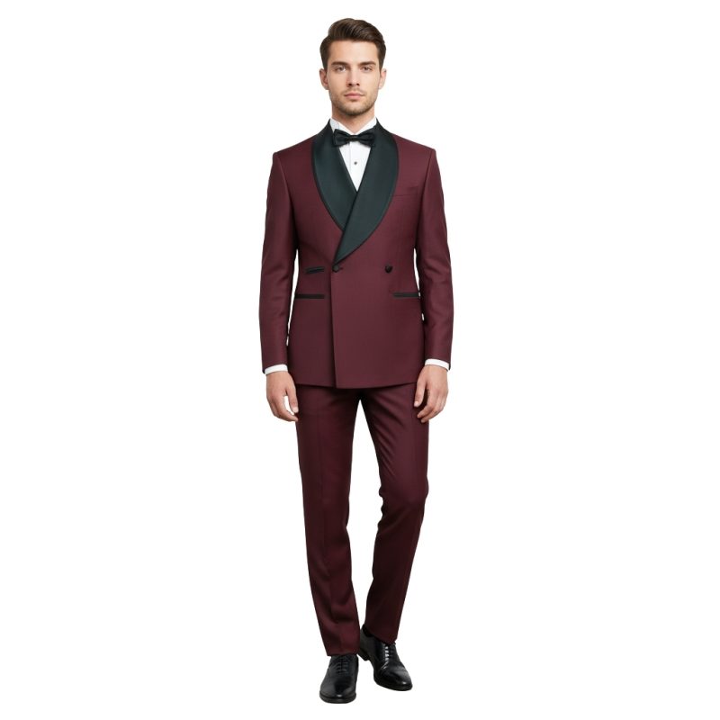Burgundy Tuxedo With Black Lapel For Men