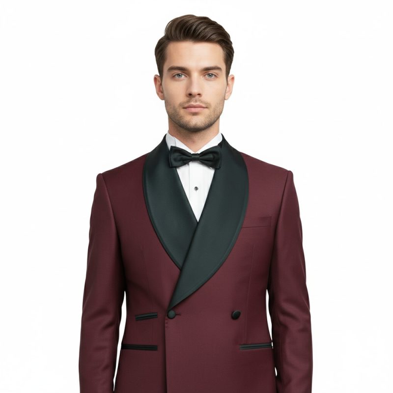 Custom Made Burgundy Tuxedo With Black Lapel For Men