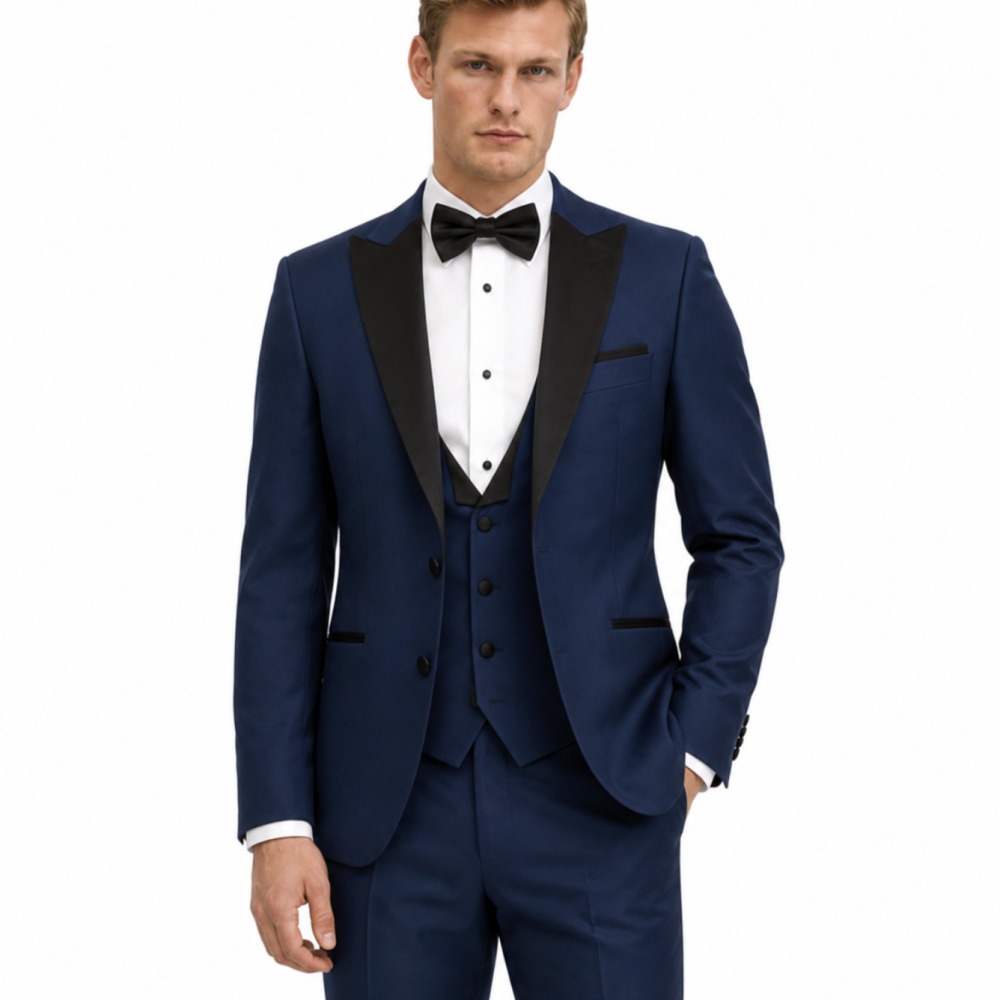 Bespoke Navy Blue Tuxedo With Black Lapel