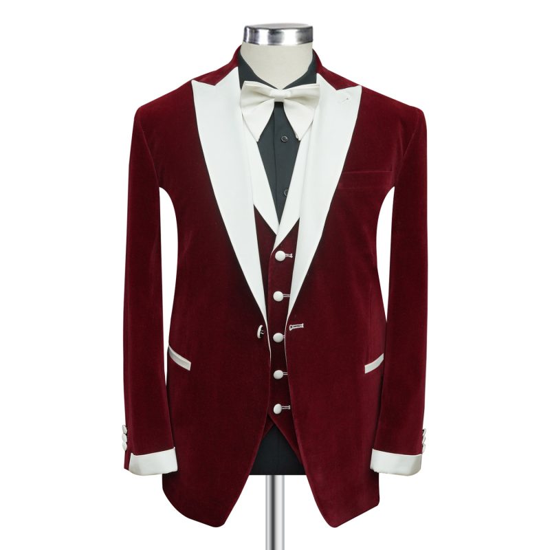 Red Velvet Tuxedo With White Satin Trim