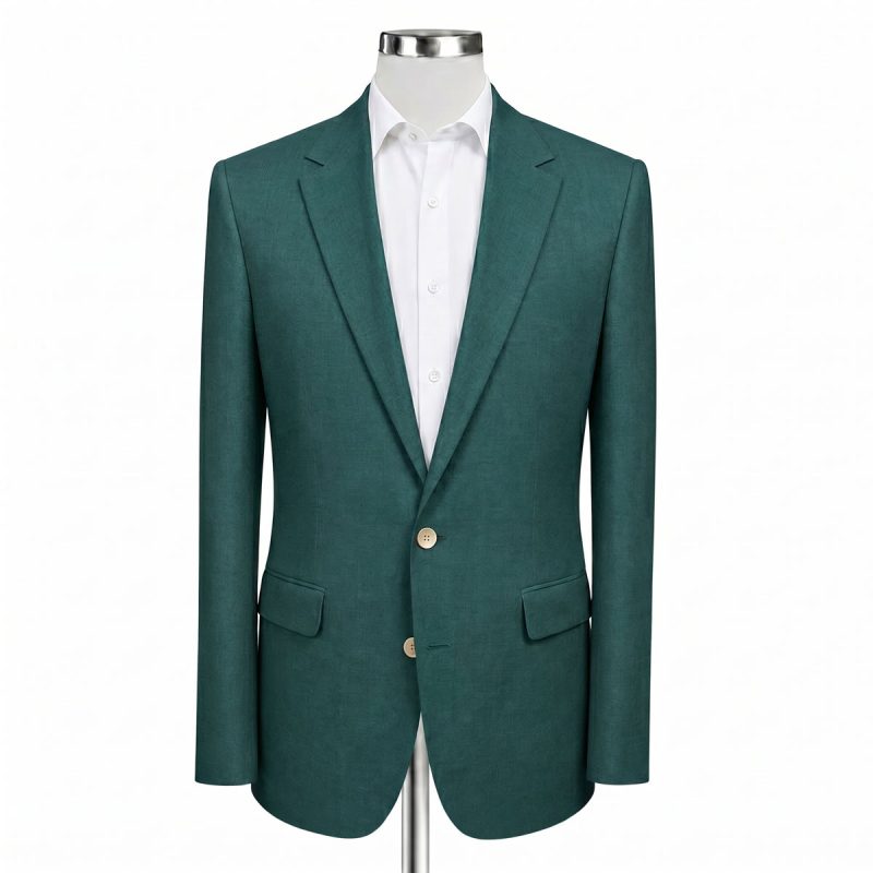 Front View Forest Green Linen Suit Gold Buttons Andre Emilio