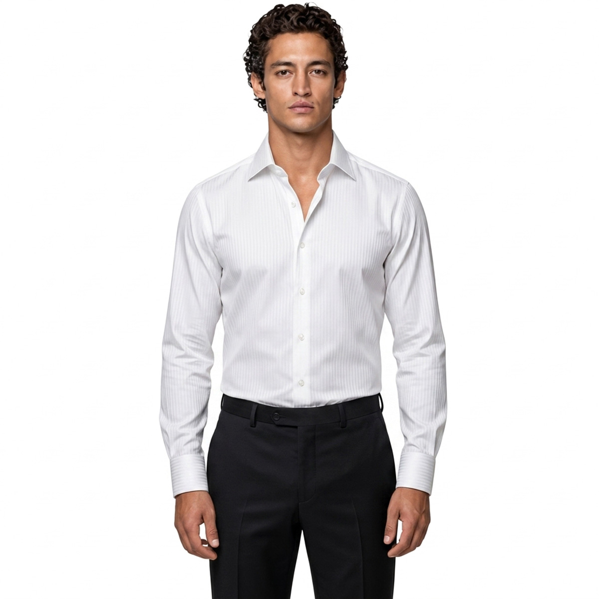 Custom Made White Lining Slim Fit Formal Texture Shirt For Men