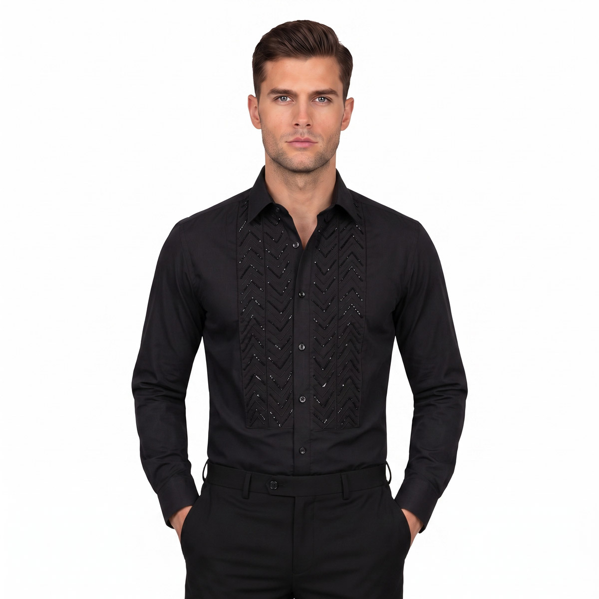 Andre Emilio Chevron Embroidered Tuxedo Shirt