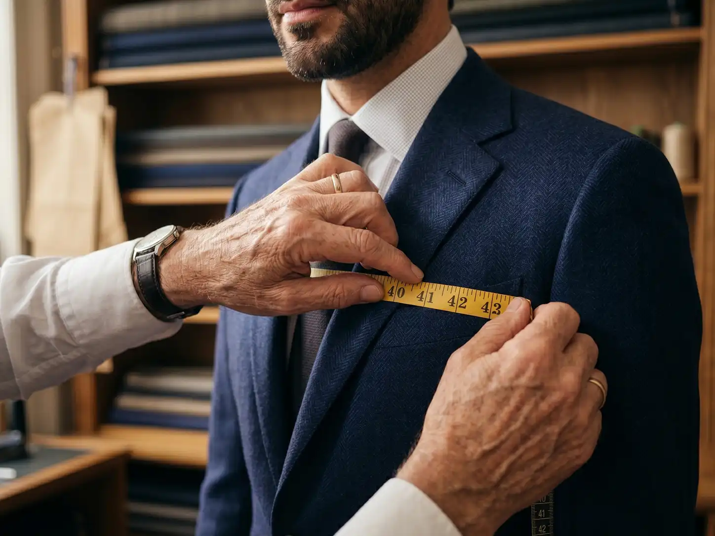 Bespoke Tailor Measuring Custom Navy Suit Fitting