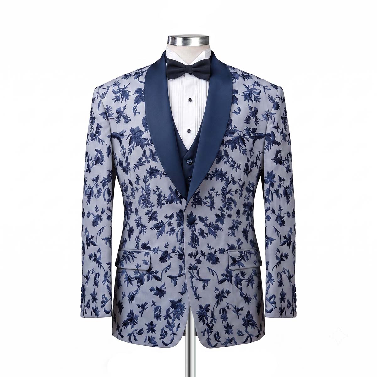 Grey Floral Embroidered Tuxedo Front